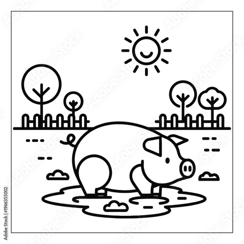 A happy pig wallows in a mud puddle under a smiling sun
