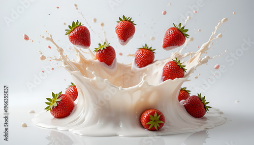 A splash of milk with strawberries flying through the air, creating a dynamic and playful scene.
