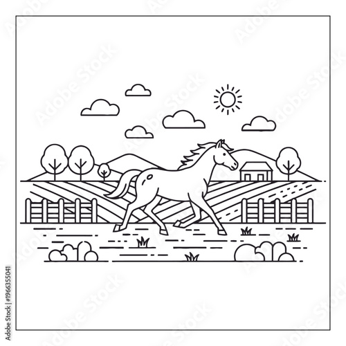 A galloping horse runs through a rural landscape with sun and clouds