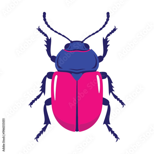 Pink and blue beetle insect with antennae and legs isolated on white background icon
