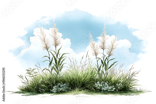 Lush Green Landscape with Tall Grasses and Soft Blue Sky Background for Nature Scene