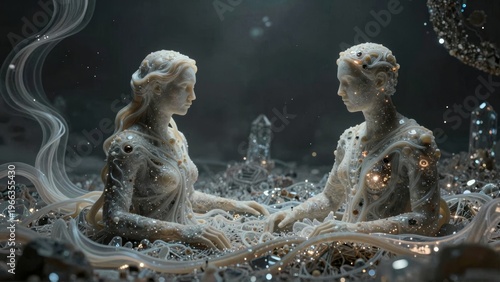 Two humanlike figures with intricate designs on their bodies