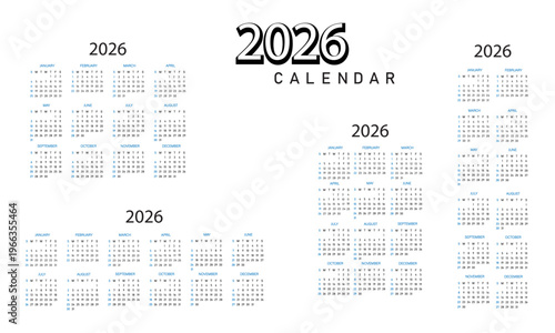 Calendar 2026 template collection | 2/3/4/6 row or column month arrangement calendar template 2026 | 2026 calendar template with black and blue color text