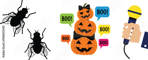 Halloween themed vector illustration set with pumpkin jack o lantern stack, boo speech bubbles, house flies silhouettes, and handheld microphone icon