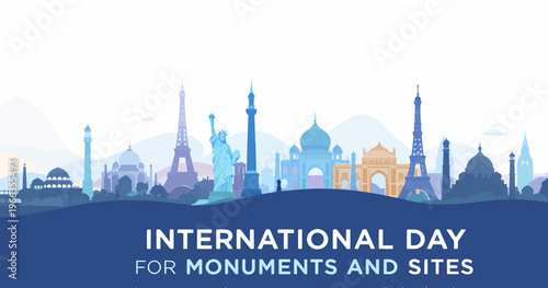 International Day for Monuments and Sites celebration banner featuring iconic landmarks from around the world