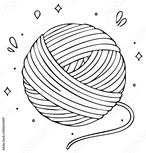 Monochrome vector illustration of a ball of yarn with highlights in a doodle style drawing for knitting or hobby
