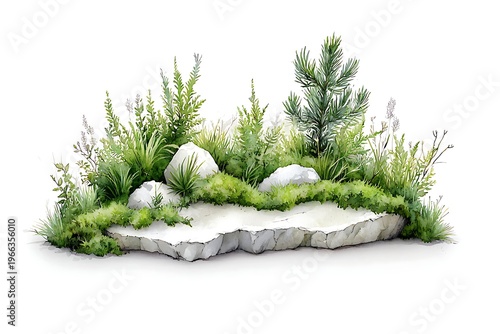 Lush Greenery with Rocks and Flowers on an Isolated White Background for Nature Themes