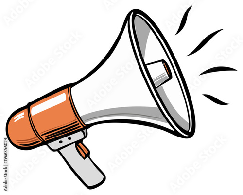 Illustration of an orange and white megaphone with sound waves emanating outward