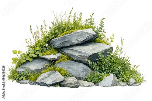 Natural Stone Formation with Green Grass and Plants on Isolated White Background