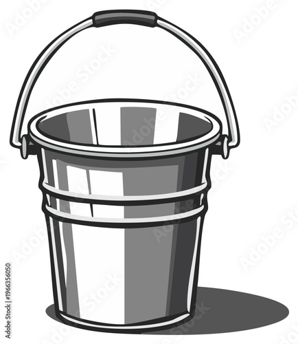 Shiny Steel Bucket Isolated on White, Metal Pail with Handle, Chrome Water Container
