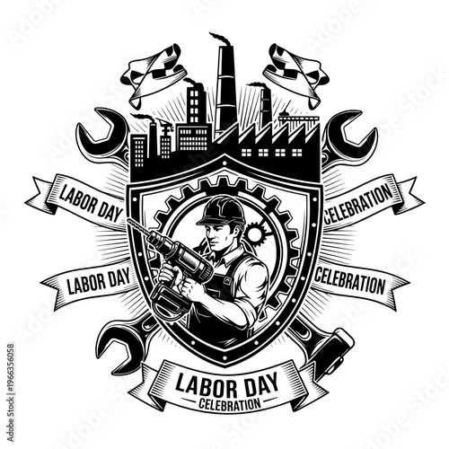 A powerful and strong vintage vector illustration with a celebratory mood, designed as an emblem for Labor Day festivities and industrial appreciation..svg