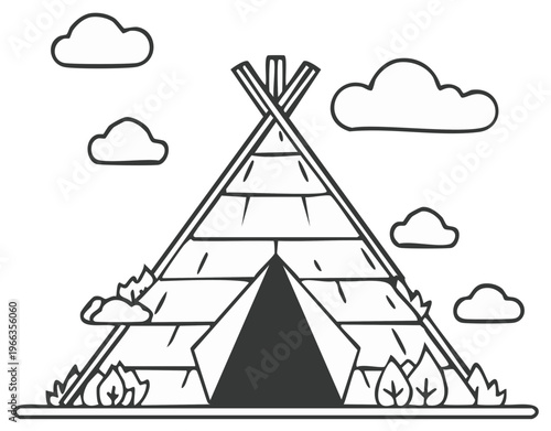 Stylized Black and White Outline Drawing of a Teepee Tent with Clouds and Foliage