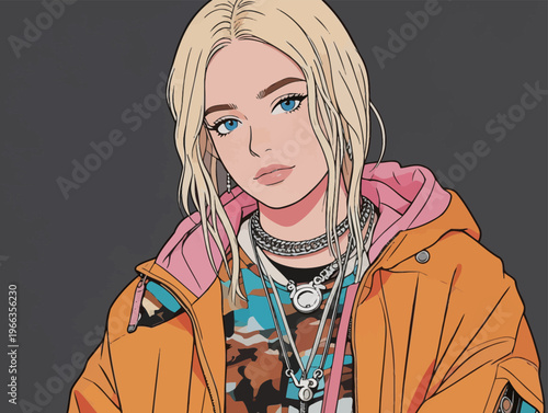 Young woman with blonde hair and blue eyes wearing colorful clothing and accessories stands against a dark background in an urban style
