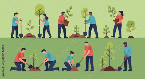 People Planting Trees and Saplings Collection, Reforestation and Volunteering for Environmental Sustainability Concept Vector Illustration