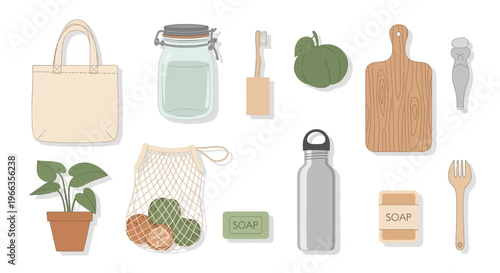 Zero Waste Eco-Friendly Products Set with Reusable Tote Bag, Bamboo Toothbrush, Glass Jar and Sustainable Lifestyle Items Vector Illustration