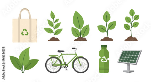 Sustainability and Ecology Icon Set for Earth Day, Green Lifestyle Symbols with Recycling Bag, Solar Panel, Bicycle, and Saplings Vector Illustration