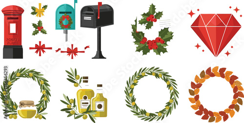 Festive vector illustration set with Christmas mailboxes, holly decorations, red diamond gem, olive oil wreaths, and autumn leaf wreath collection