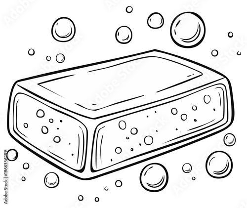 Hand-drawn illustration of a bar of soap surrounded by bubbles, line art style, hygiene concept.