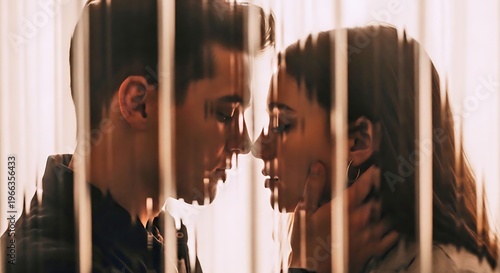 Intimate Couple Almost Kissing Through Glowing Vertical Glass Bars