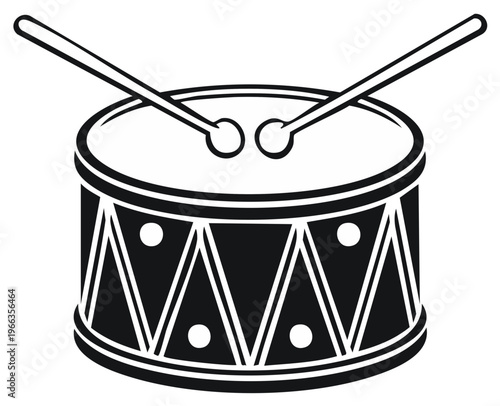 Classic drum and drumsticks with traditional decorative band and white dots