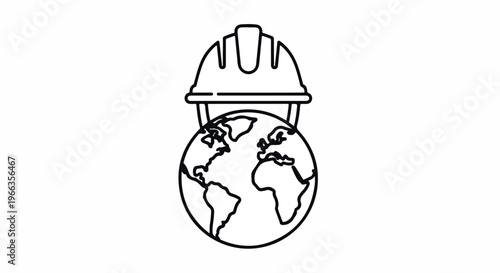 Line drawing of a hard hat sitting on top of a globe on a white background with a simple, monochromatic style.