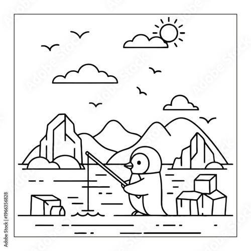 A charming line drawing depicts a penguin fishing in a winter landscape