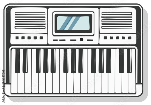 Keyboard instrument illustration featuring a monitor and multiple buttons, suitable for digital music creation or education.