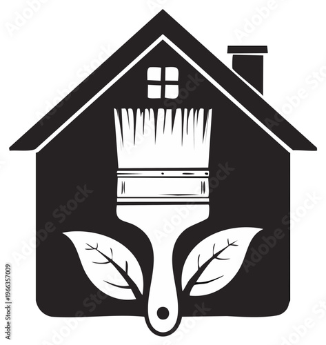 Illustration of a house and paint brush with leaves for home improvement and eco-friendly renovation logo