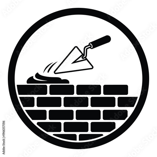 Trowel applying mortar to bricks in a circular construction icon icon
