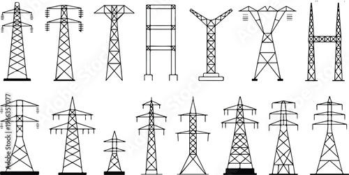 Flat vector set of 15 power and electricity towers showing crossbeams, diagonal supports, and structural details clean modern line art design