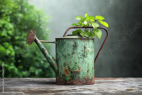 Vintage Watering Can with Fresh Green Plant on Rustic Wooden Table in Natural Background
