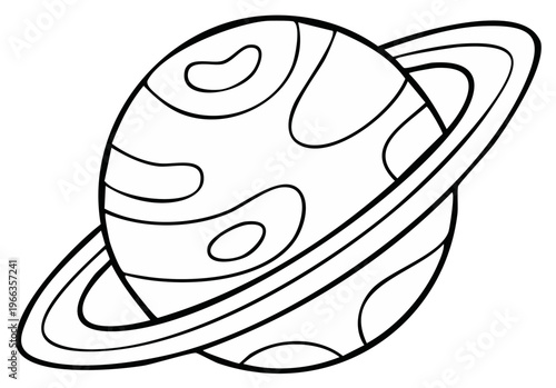Cartoon Planet with Rings, Black and White Outline, Space Illustration