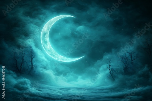 Ethereal Night Sky with Glowing Crescent Moon and Mystical Fog Over Still Waters