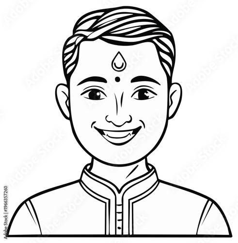 Smiling Young South Asian Man with Traditional Bindi Line Art Portrait