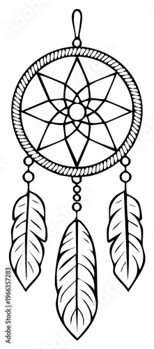 Traditional Dreamcatcher with Feathers and Intricate Web Design