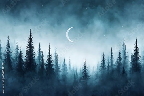 Enigmatic Forest Landscape Under Wispy Clouds and Gentle Crescent Moonlight at Night