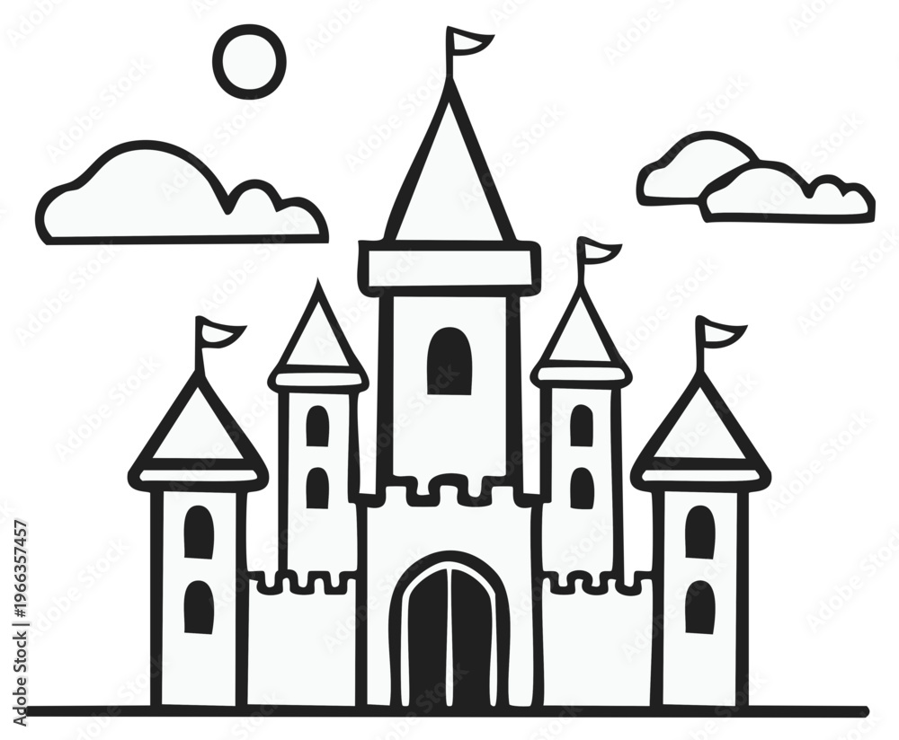 Obraz premium Whimsical hand drawn castle illustration with towers flags and a sun in a simple cartoon style