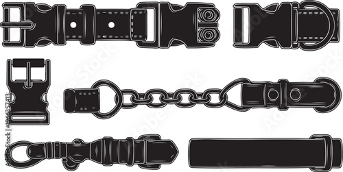 Collection of various black leather belt buckles and straps