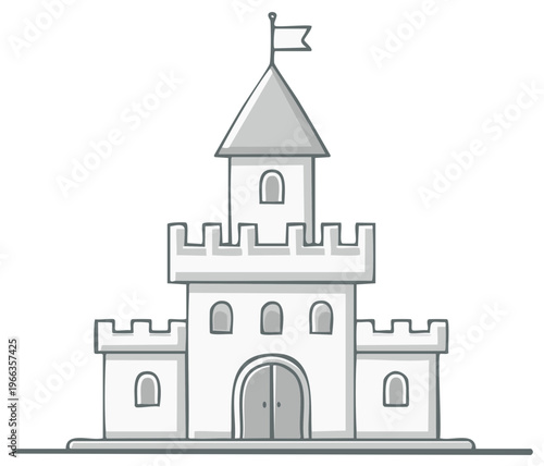 Stylized castle building featuring tower with flag and gated entrance in minimalist illustration style on a simple horizontal plane