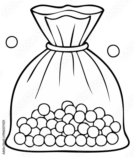 Black and white illustration of a bag full of balls and floating orbs
