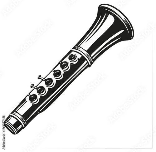 Illustration of a clarinet in black and white against a white background.
