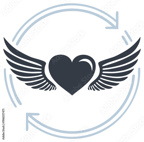 Stylized winged heart icon with circular arrows depicting love cycle or endless devotion