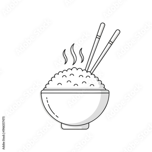 Steaming bowl of rice with chopsticks, a simple line art illustration of a staple food