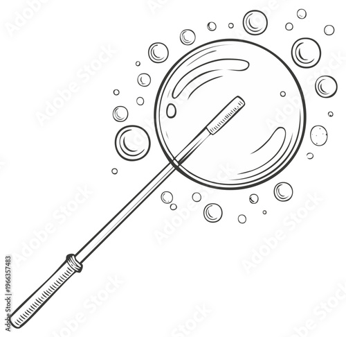Hand drawn sketch of a bubble wand creating shimmering soap bubbles in a playful design