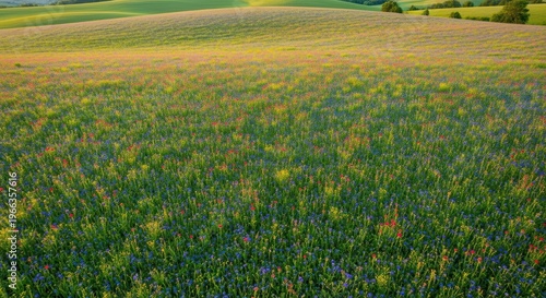 Verdant rolling countryside showcases a diverse field blooming with wildflowers under bright illumination