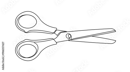Minimalist line art illustration of an open pair of classic utility scissors, perfect for various graphic design projects and crafting concepts