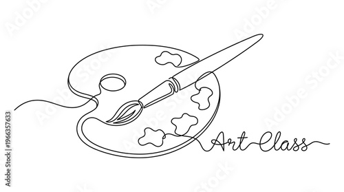 Minimalist continuous line drawing showcasing an artist's palette, paintbrush, and the words "Art Class," representing painting, creativity, and artistic education