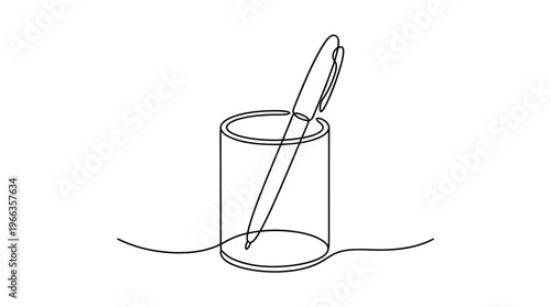 Continuous line drawing of a pen in a simple cup, symbolizing creativity and writing