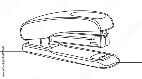 Minimalist continuous line art illustration of a desk stapler, representing common office supplies and stationery tools for fastening documents