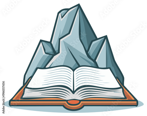 Open book with a large mountain peak rising behind it symbolizing knowledge and adventure